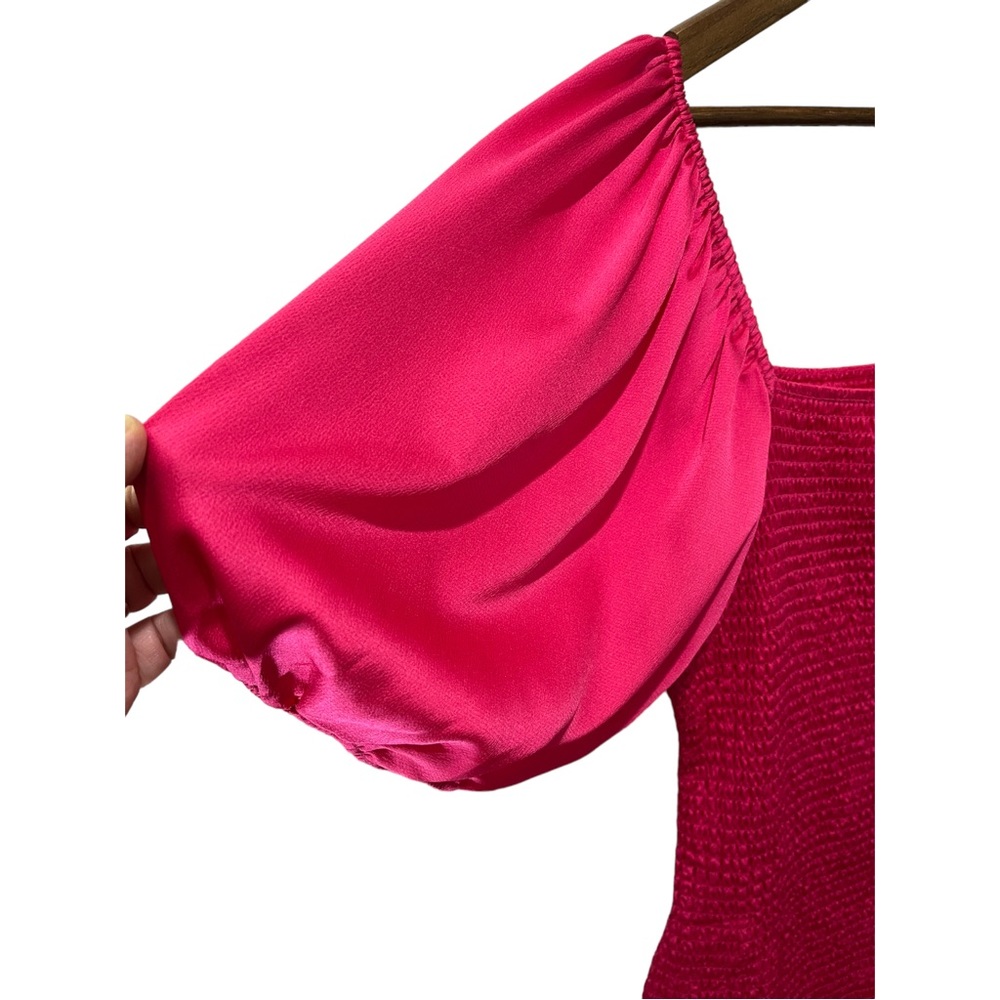 NSR HOT PINK SMOCKED STRETCHY DRESS WITH BALOON SHORT SLEEVES - Picture 5 of 13